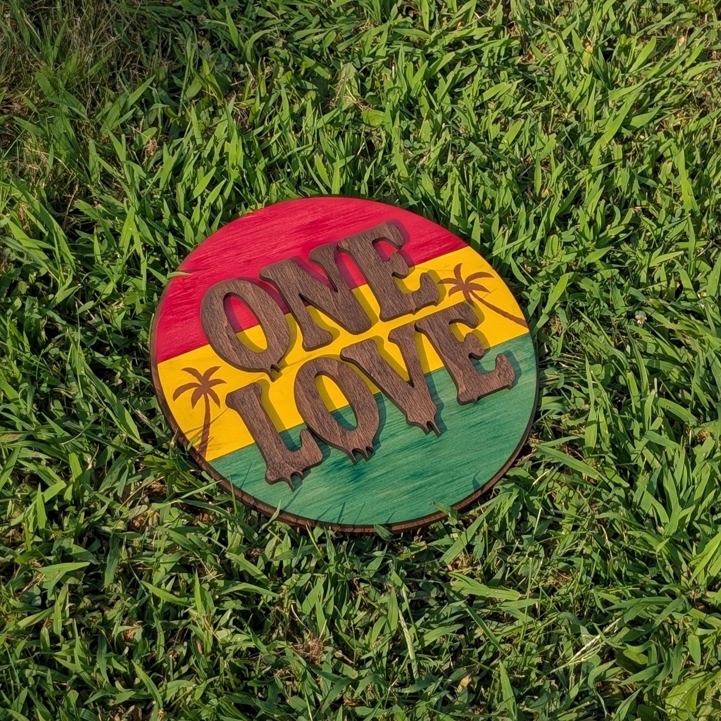 ONE LOVE Reggae Wall Sign: Rasta Home Decor with Palm Tree