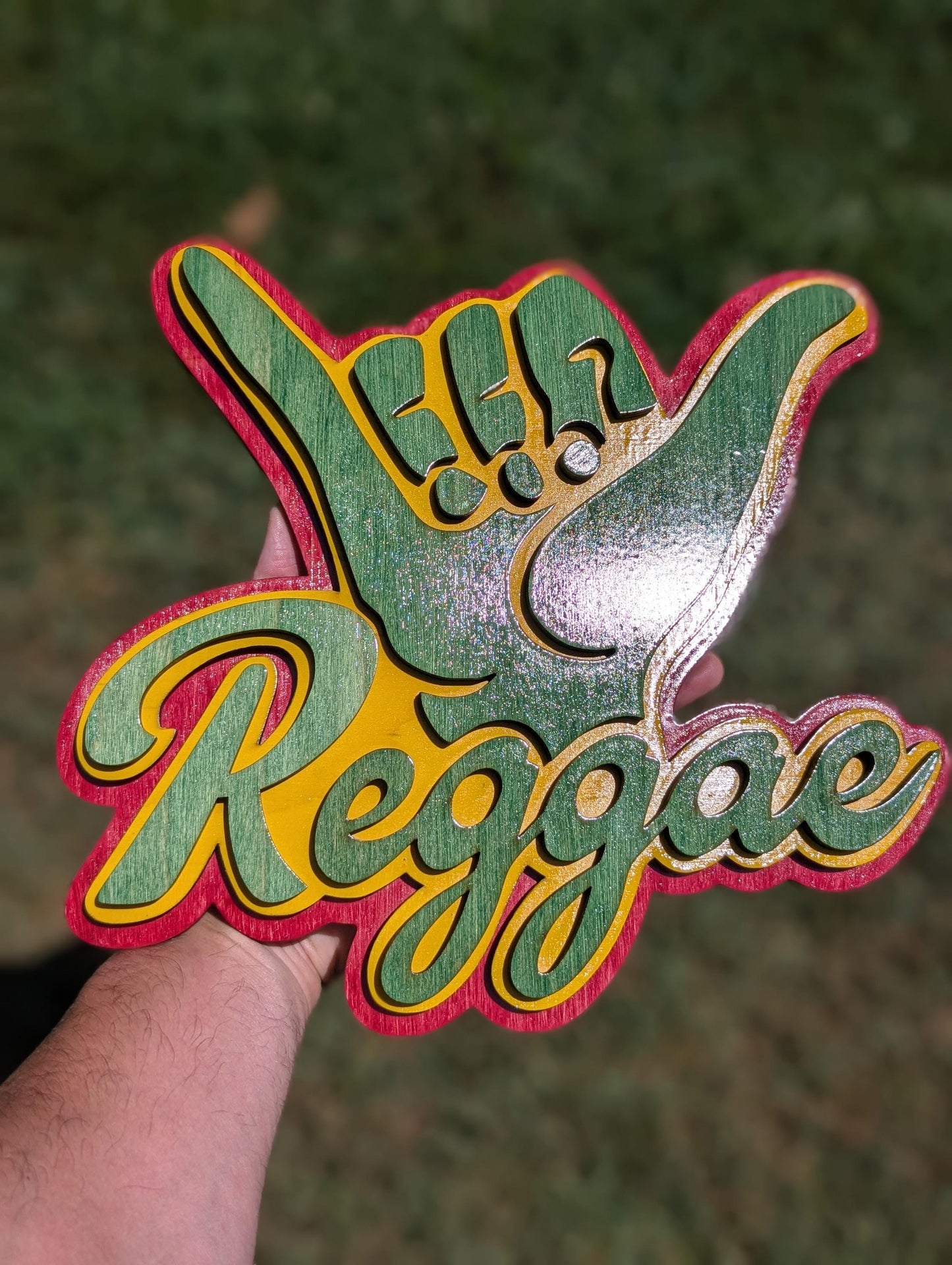 Reggae Shaka Hand Wood Sign: Rasta Colors 3D Layered Wall Art