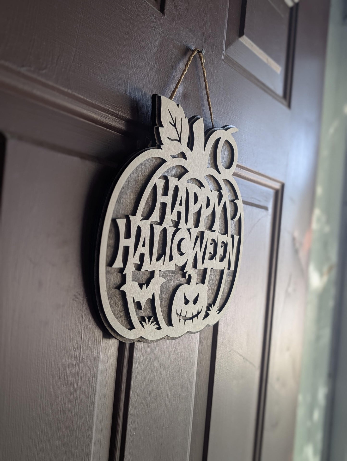 Happy Halloween Wooden Door Hanger | 12” Pumpkin Sign | Laser Cut Birch & Maple Plywood | Fall Door Décor