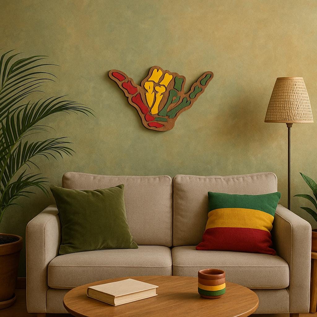 Rasta Shaka Wooden Wall Art: Reggae Hand Sign, Hawaiian Decor - 8"
