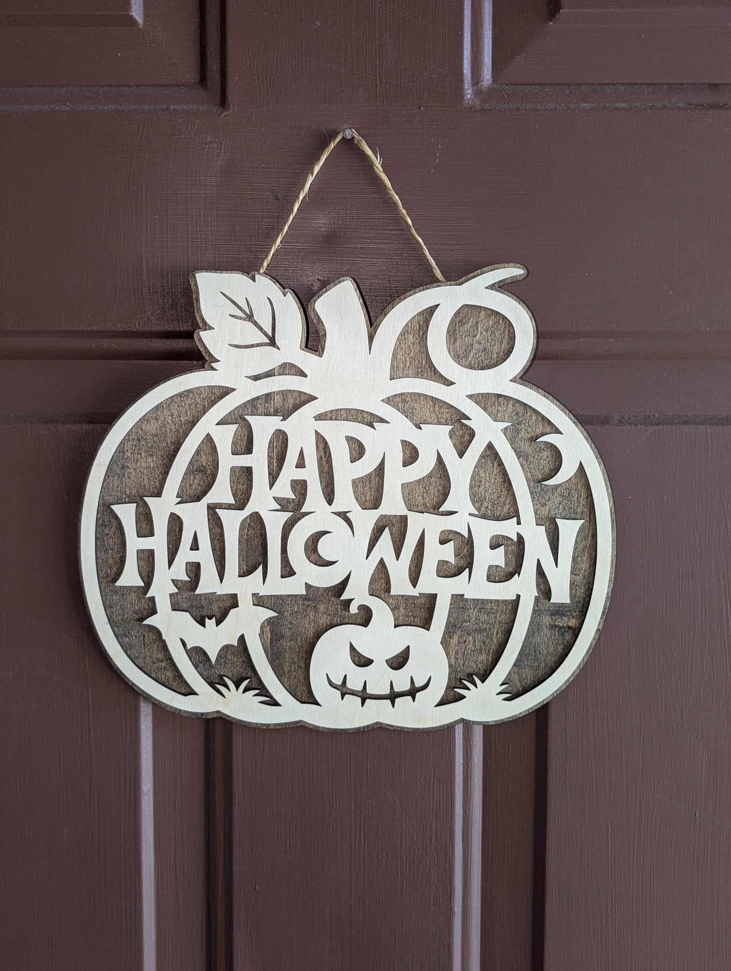 Happy Halloween Wooden Door Hanger | 12” Pumpkin Sign | Laser Cut Birch & Maple Plywood | Fall Door Décor