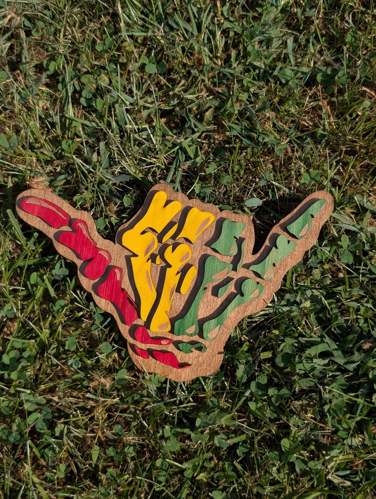 Rasta Shaka Wooden Wall Art: Reggae Hand Sign, Hawaiian Decor - 8"