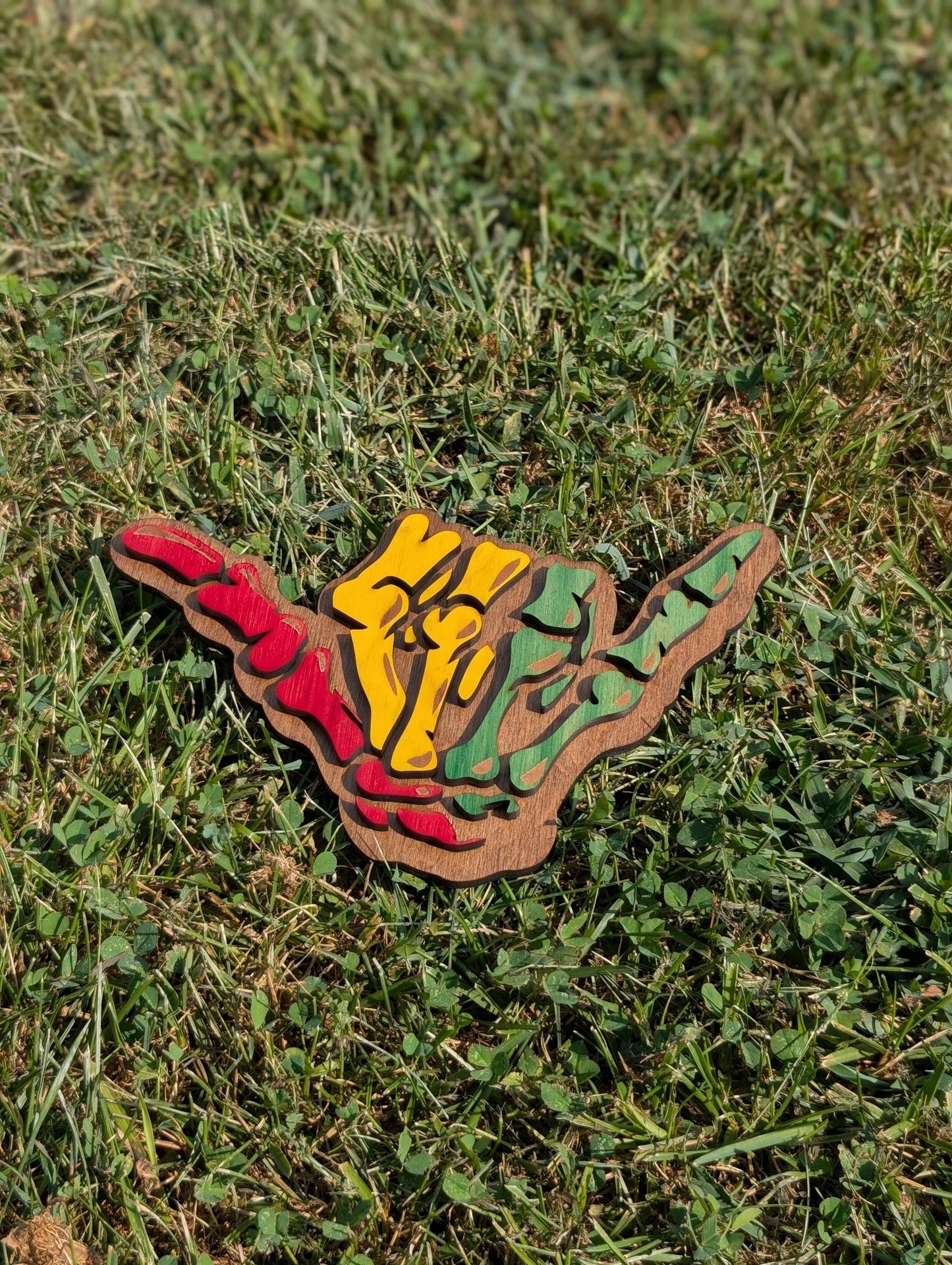 Rasta Shaka Wooden Wall Art: Reggae Hand Sign, Hawaiian Decor - 8"